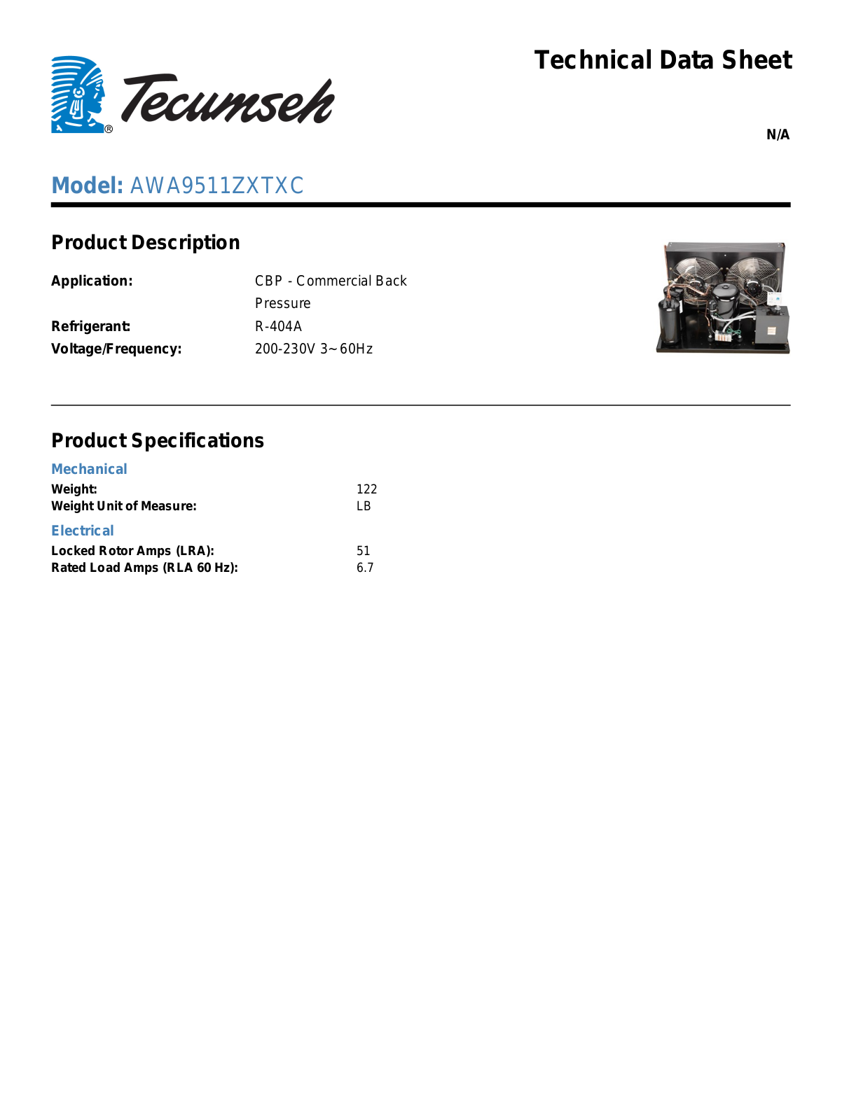 Tecumseh AWA9511ZXTXC Technical Data Sheet