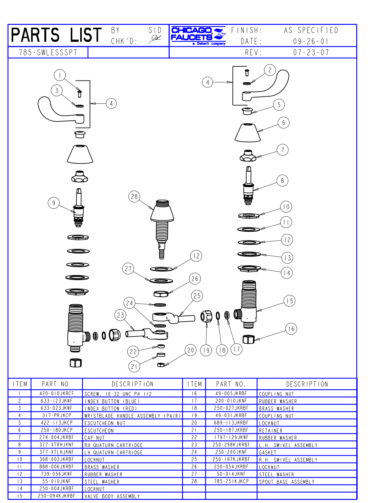 Chicago Faucet 785-SWLESSSPTCP Parts List