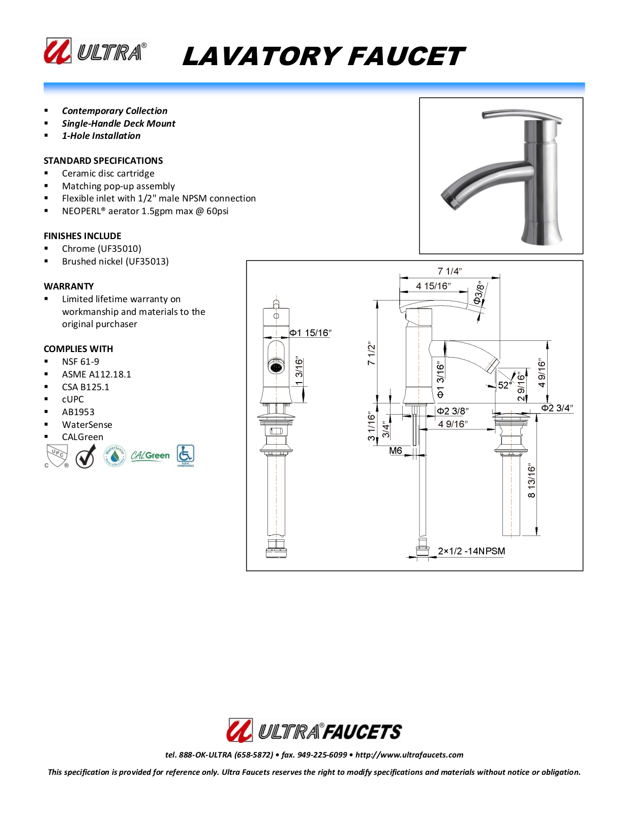 Ultra Faucets LTR10026 Specifications - ManualMachine.com