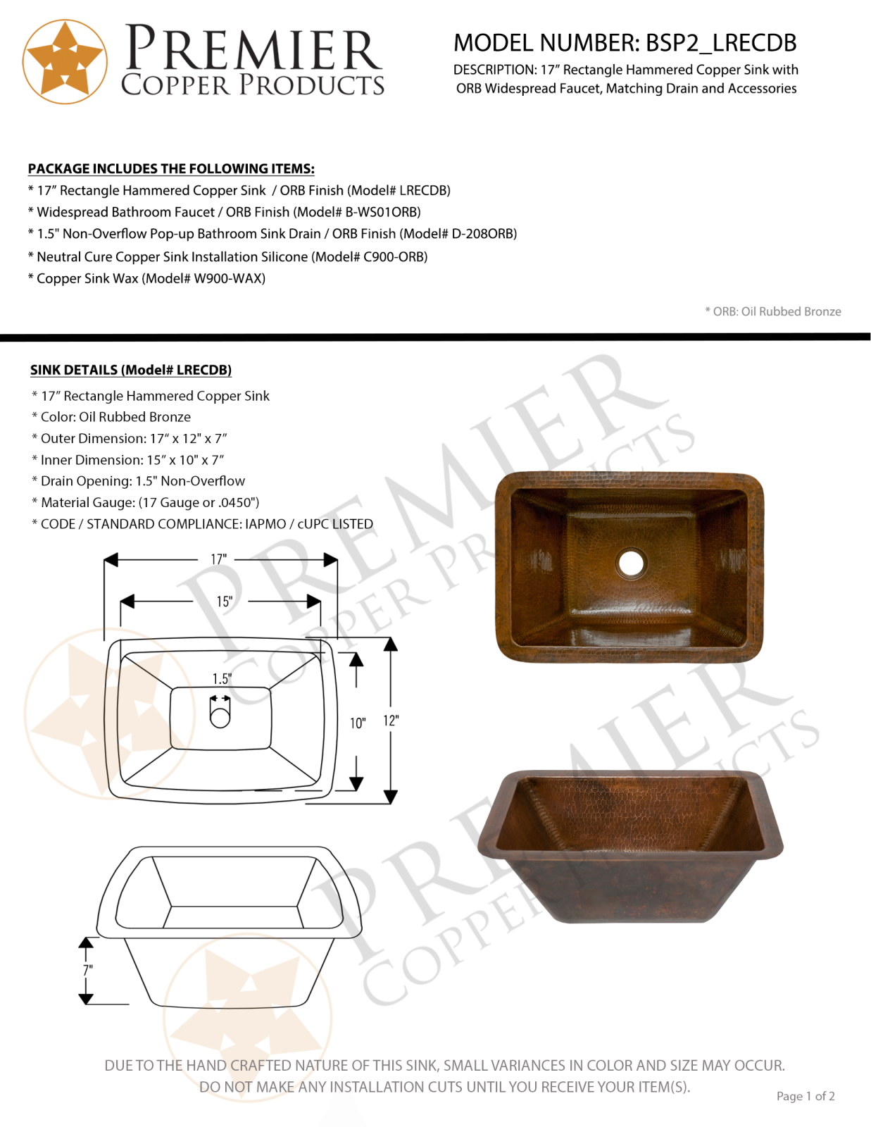 Premier Copper Products IER1476 Specifications - ManualMachine.com