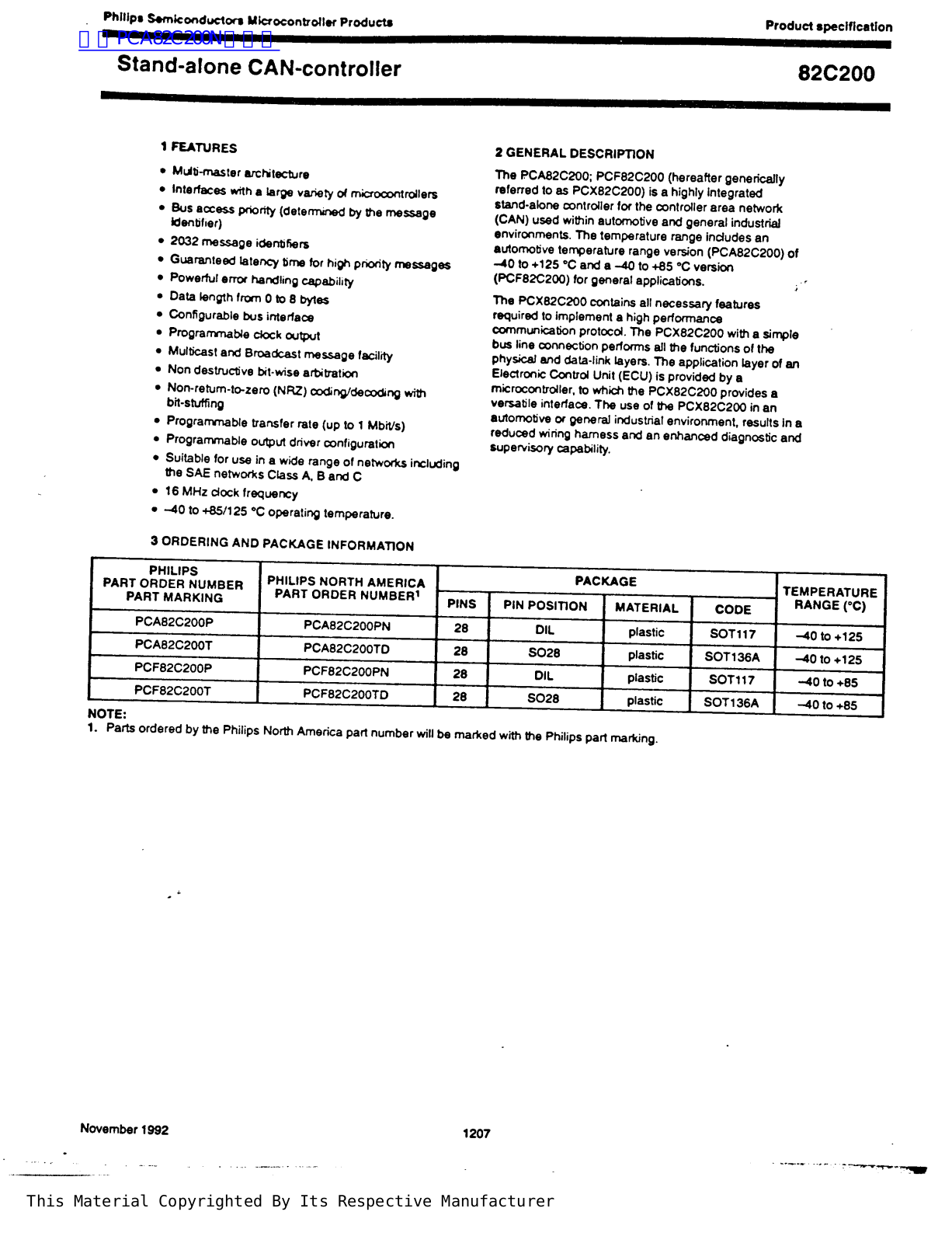 Philips 82C200 Technical data