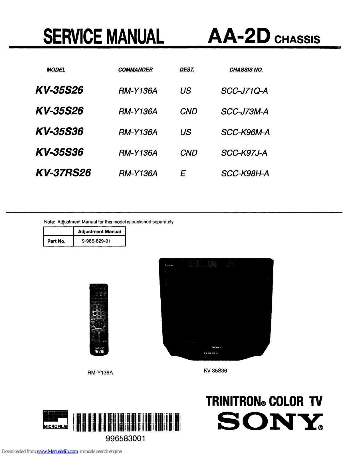 Sony Trinitron KV-35S26, Trinitron KV-35S36, Trinitron KV-37S26 Service Manual