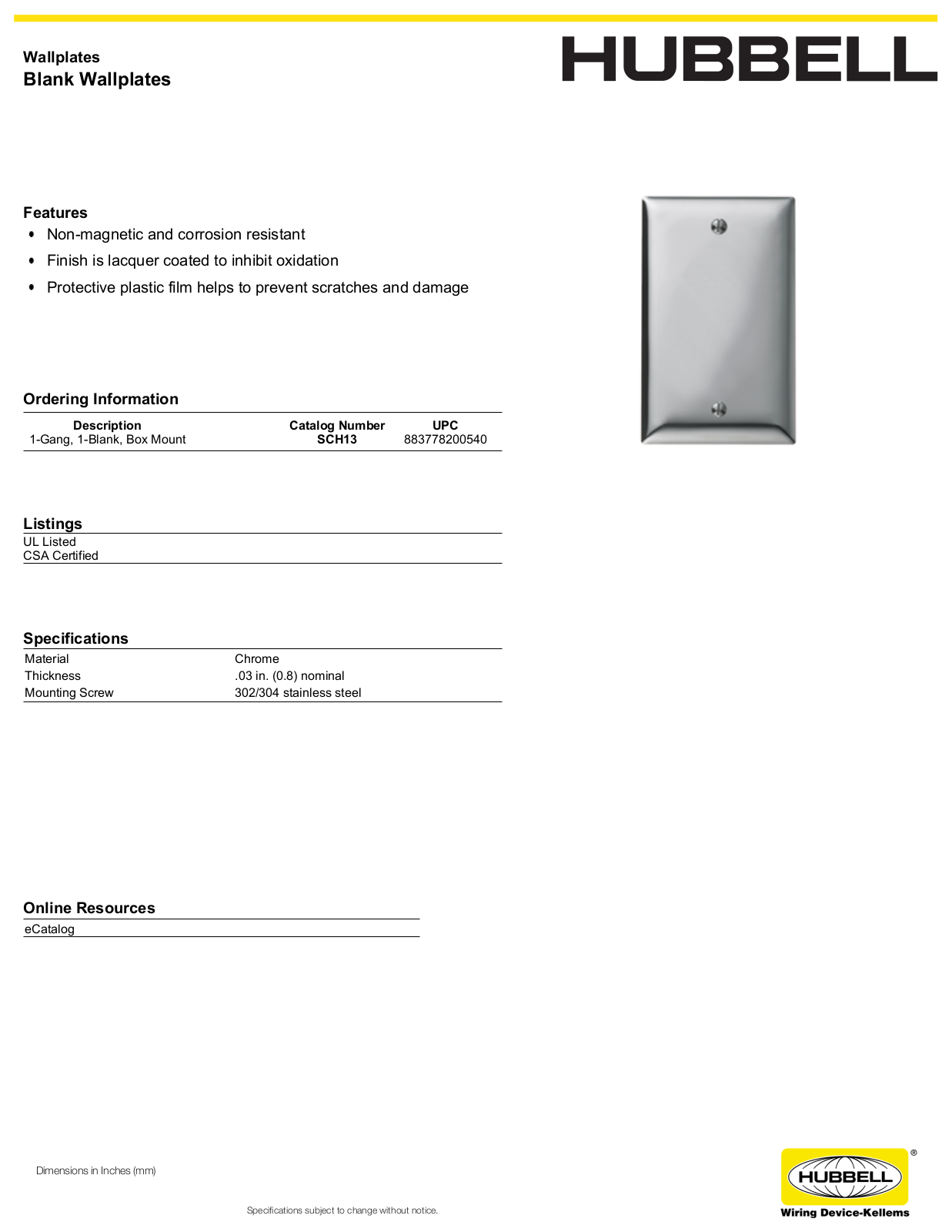 Hubbell SCH13 Specifications