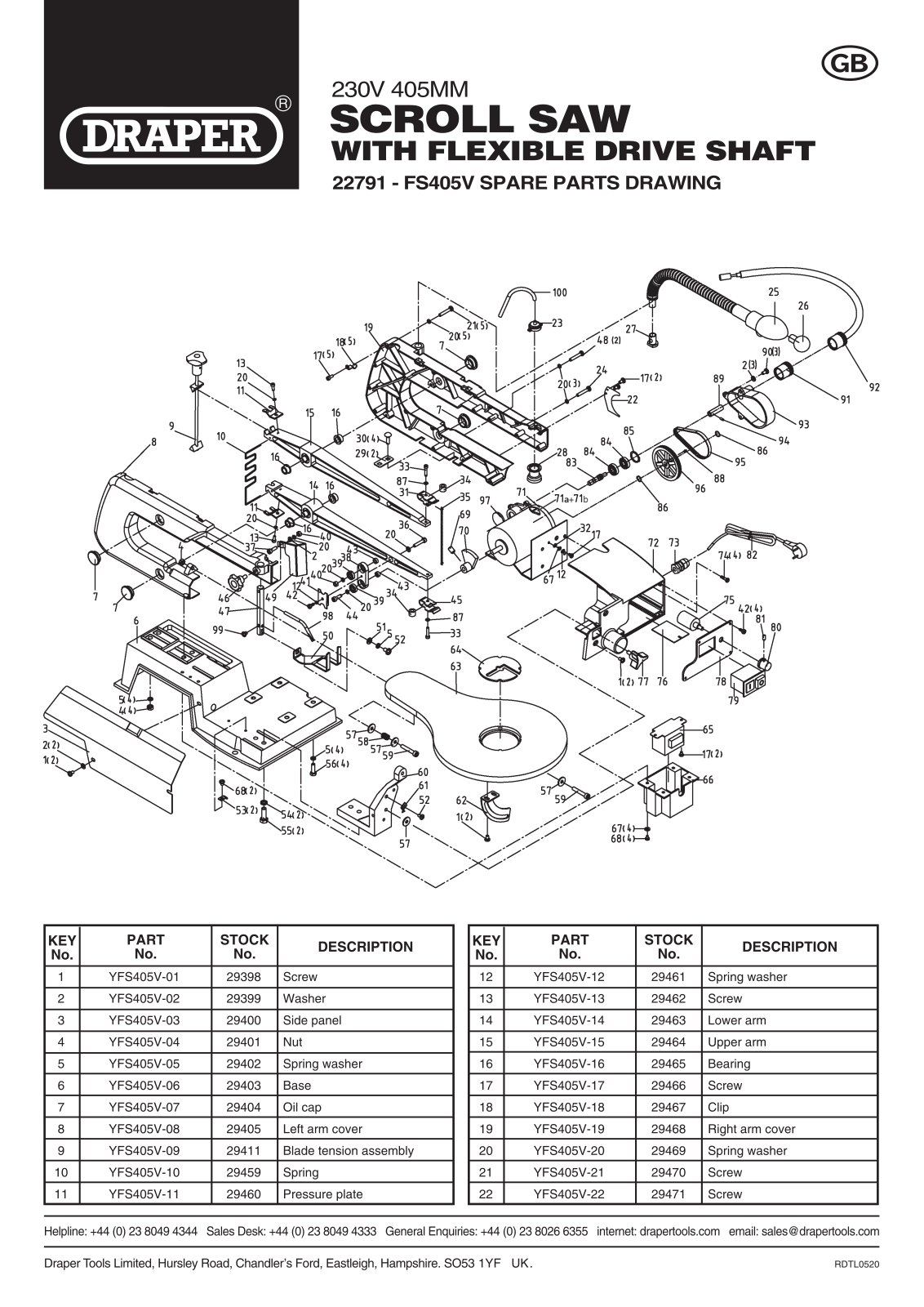 Draper Tools 22791 Parts Listing