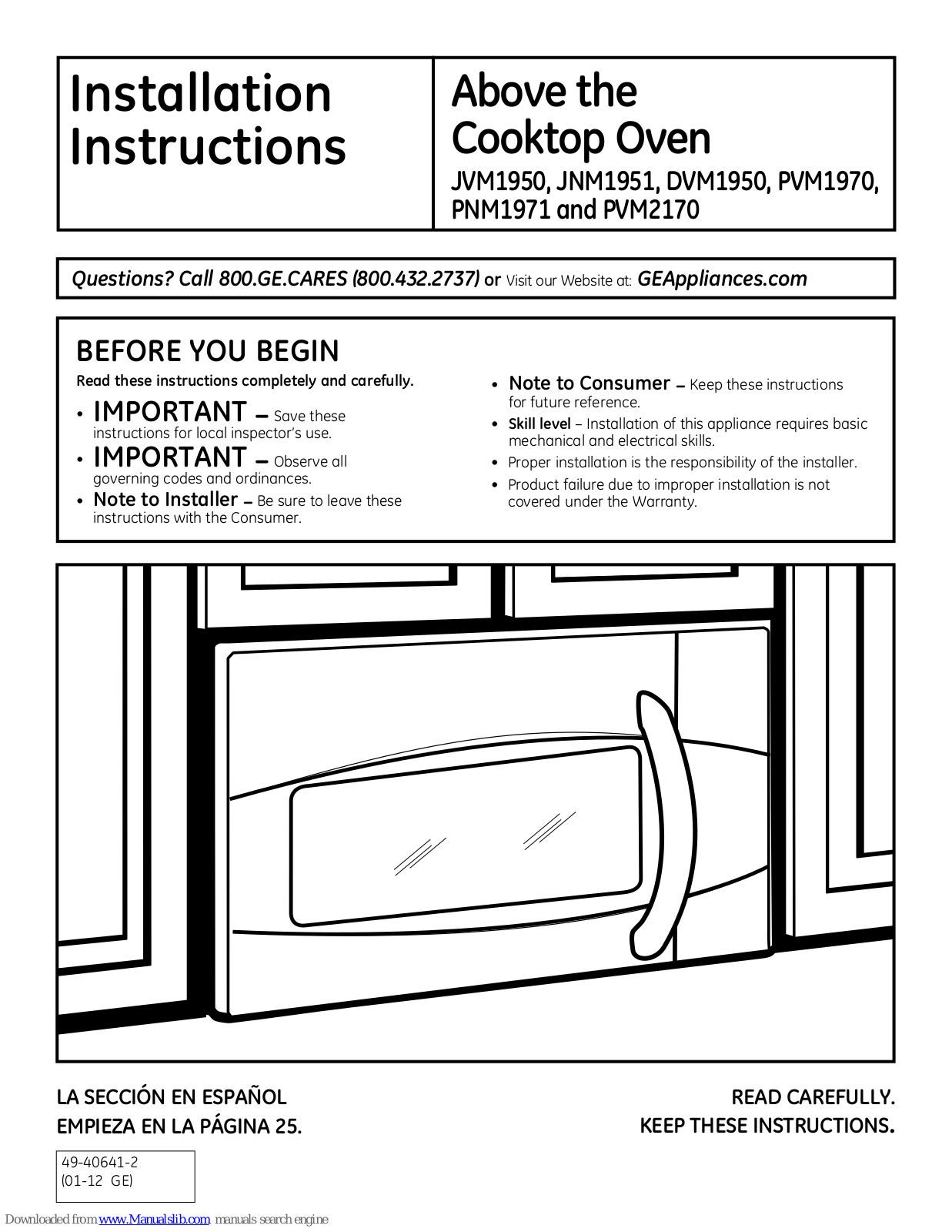 GE PVM1970DRBB, PVM1970DRWW, JNM1951DRWW, JNM1951DRBB, JVM1950DRWW Installation Instructions Manual