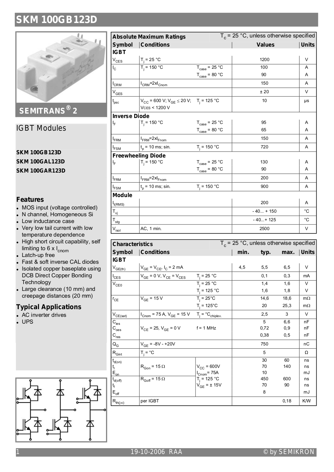 Semikron SKM100GAR123D Data Sheet