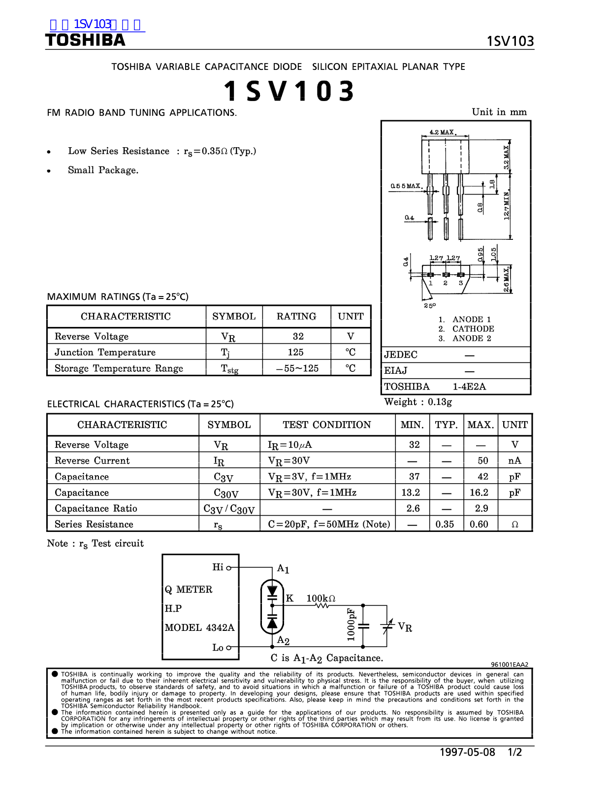 TOSHIBA 1SV103 Technical data