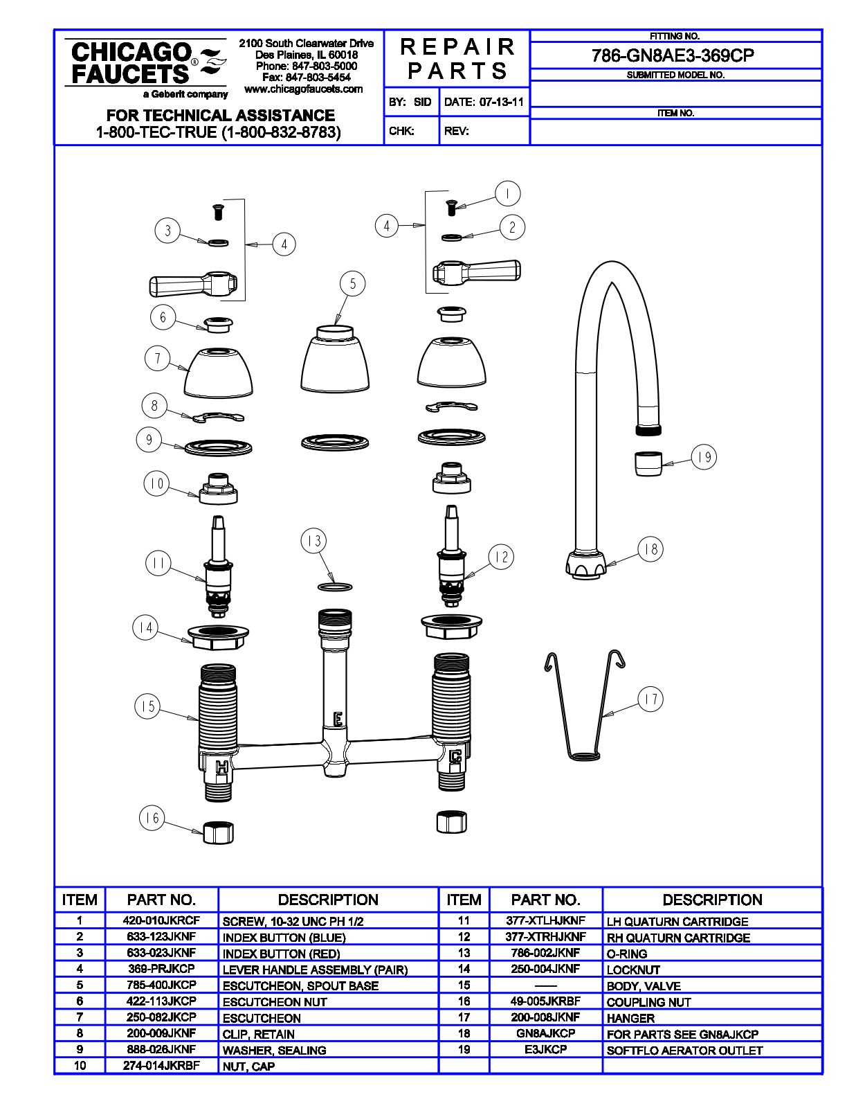 Chicago Faucet 786-GN8AE3-369 Parts List