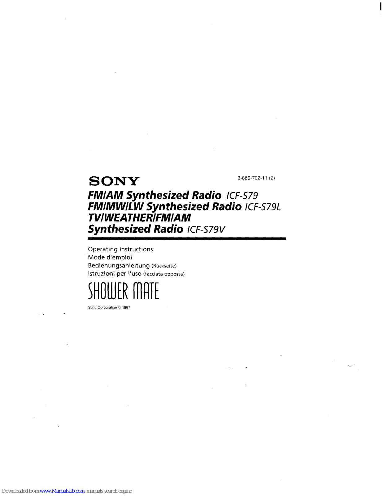 Sony Shower Mate ICF-S79, Shower Mate ICF-S79L, Shower Mate ICF-S79V Operating Instructions Manual