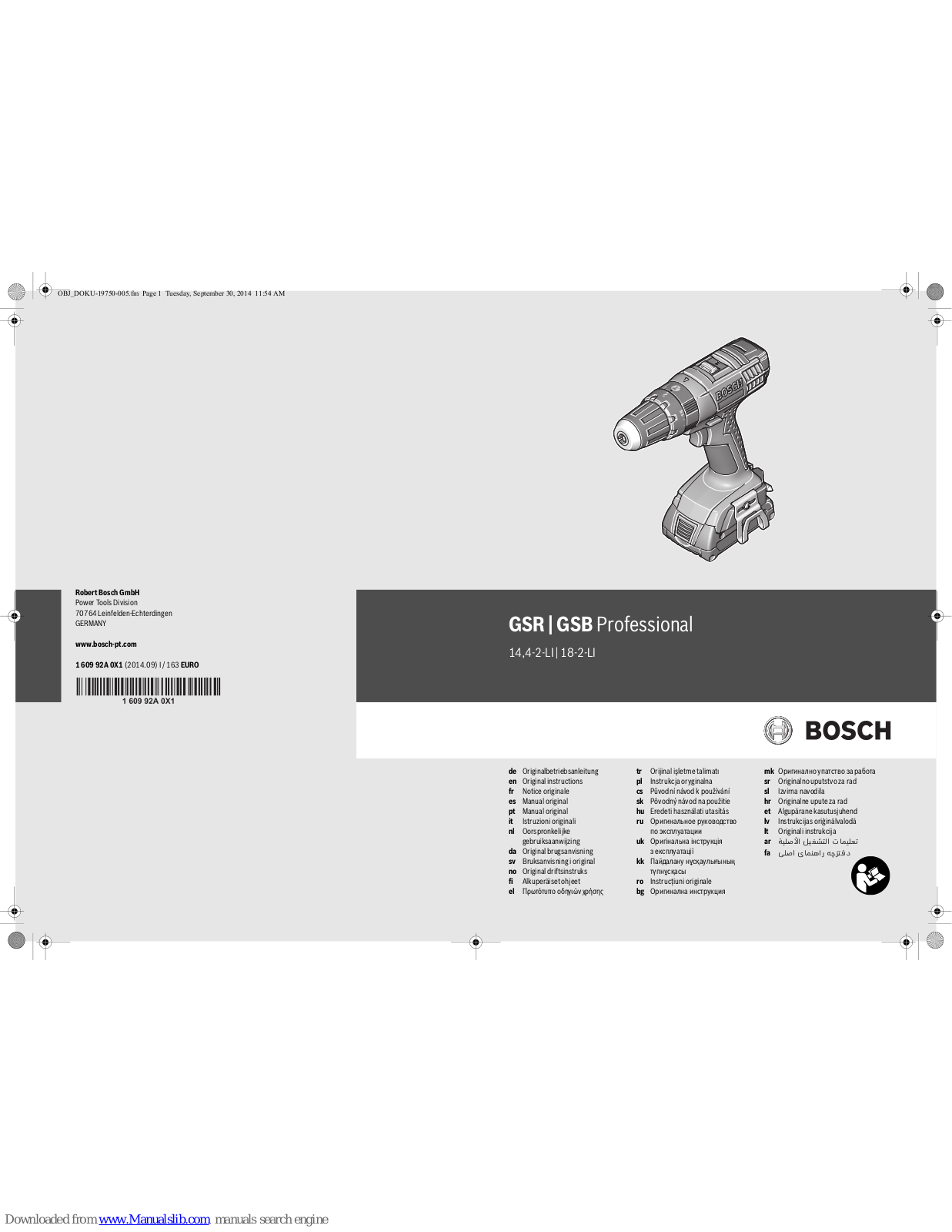Bosch GSB Professional 14.4 2-LI, GSB Professional 18 2-LI, GSR Professional 14.4 2-LI, GSR Professional 18 2-LI Original Instructions Manual