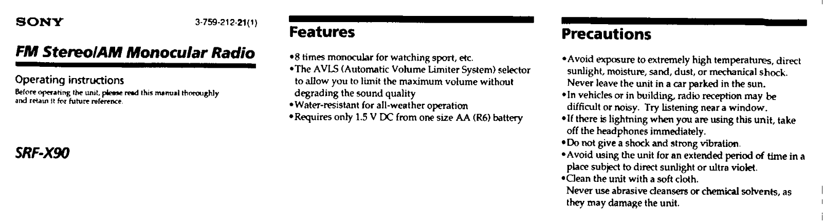 Sony SRF-X90 User Manual