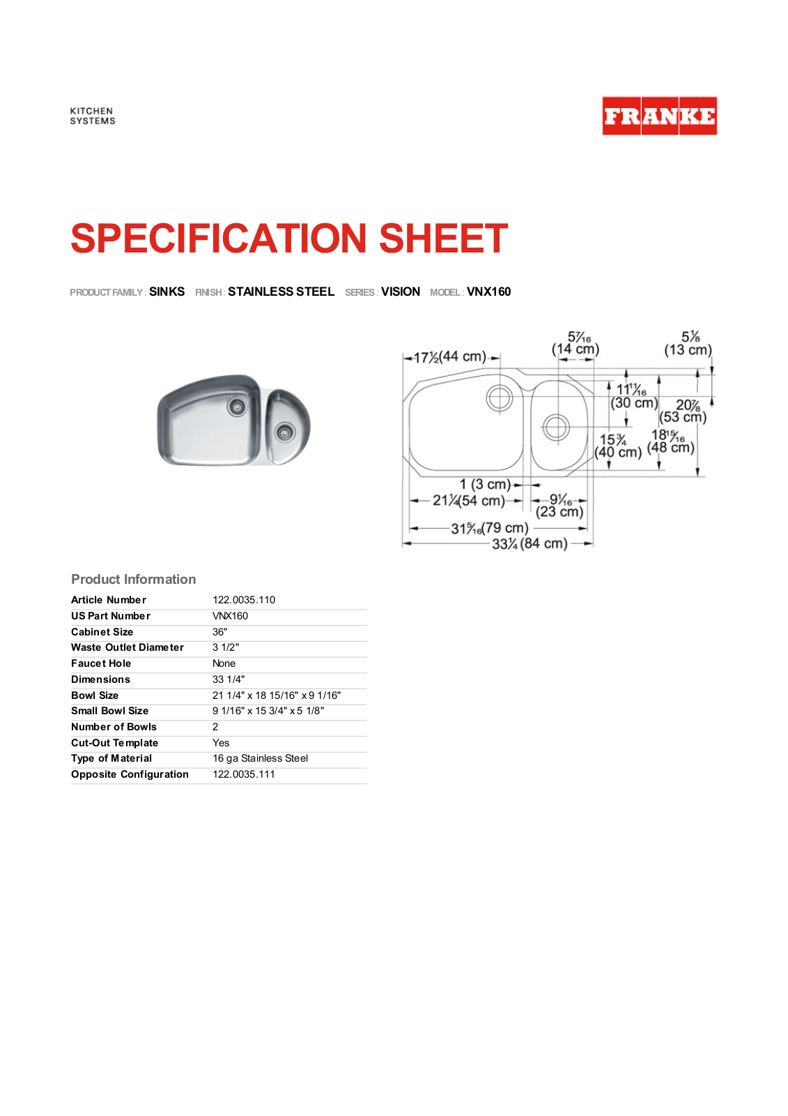 Franke Foodservice VNX160 User Manual