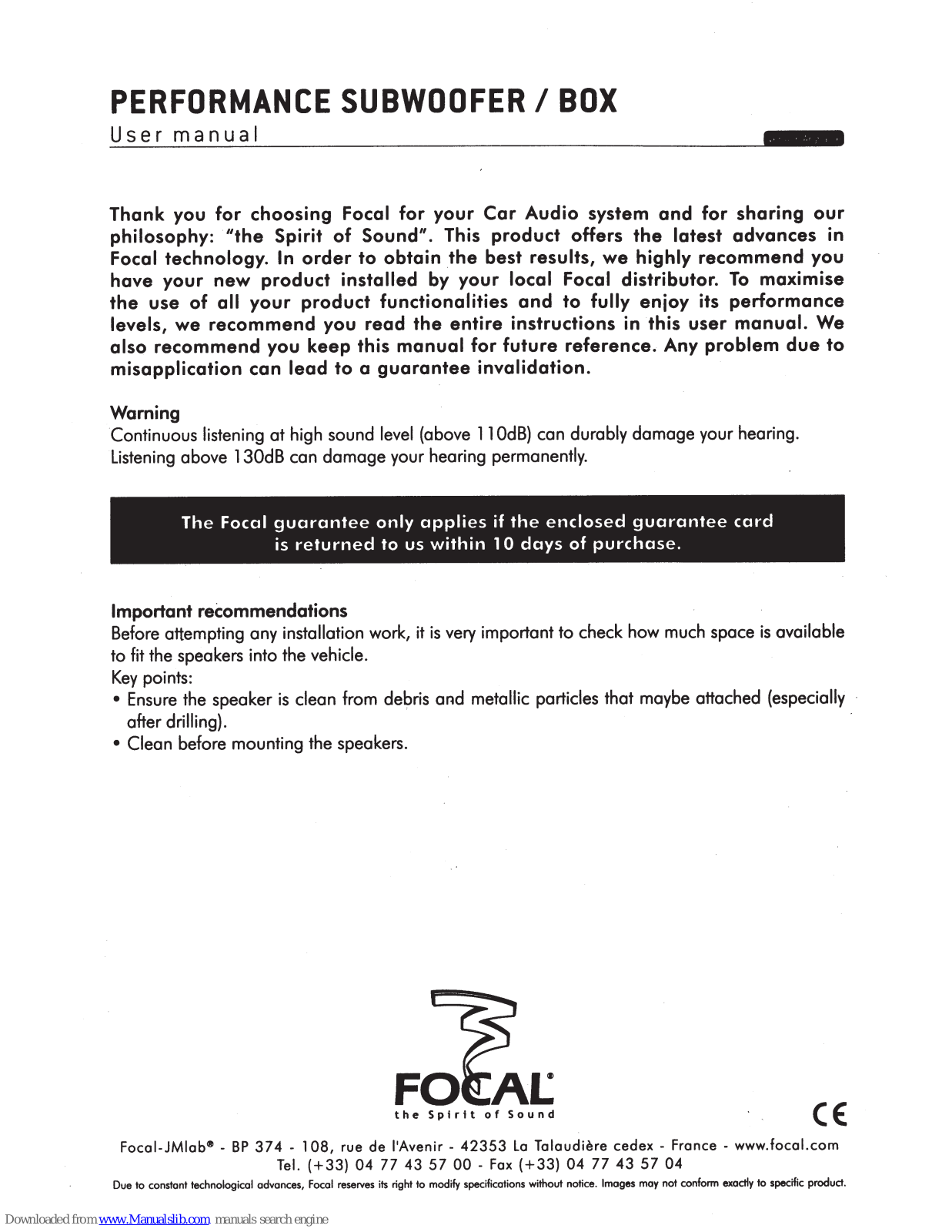 Focal SB P30, SUB P25 DB, SB P25, SUB P30, SUB P30 DB User Manual - ManualMachine.com