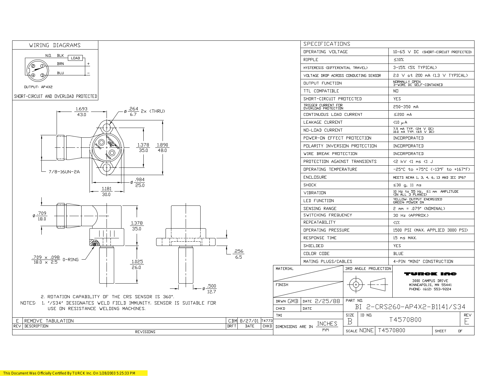 Turck BI2-CRS260-AP4X2-B1141S34 Data Sheet