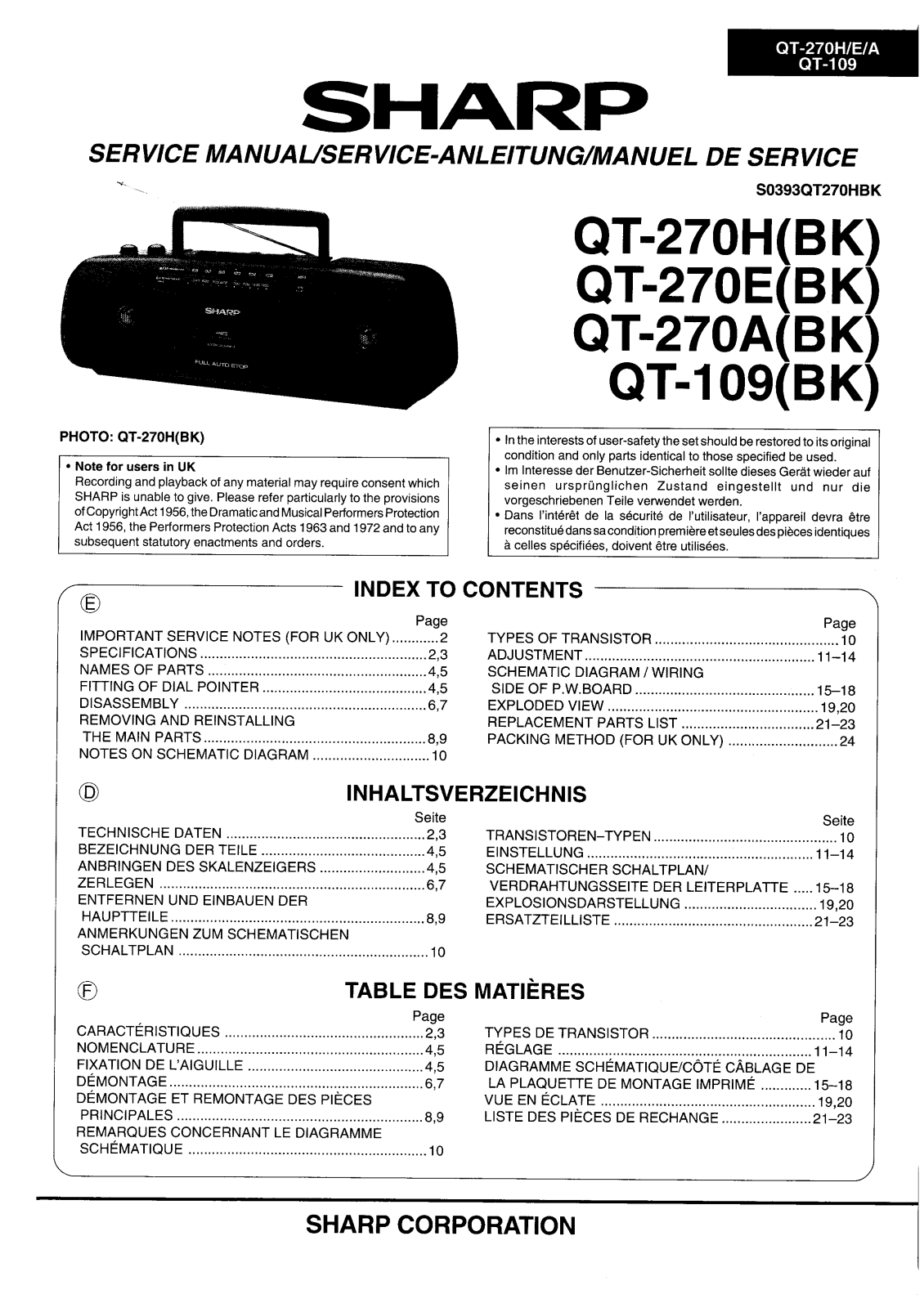 Sharp QT-109, QT-270-A, QT-270-E, QT-270-H Service manual