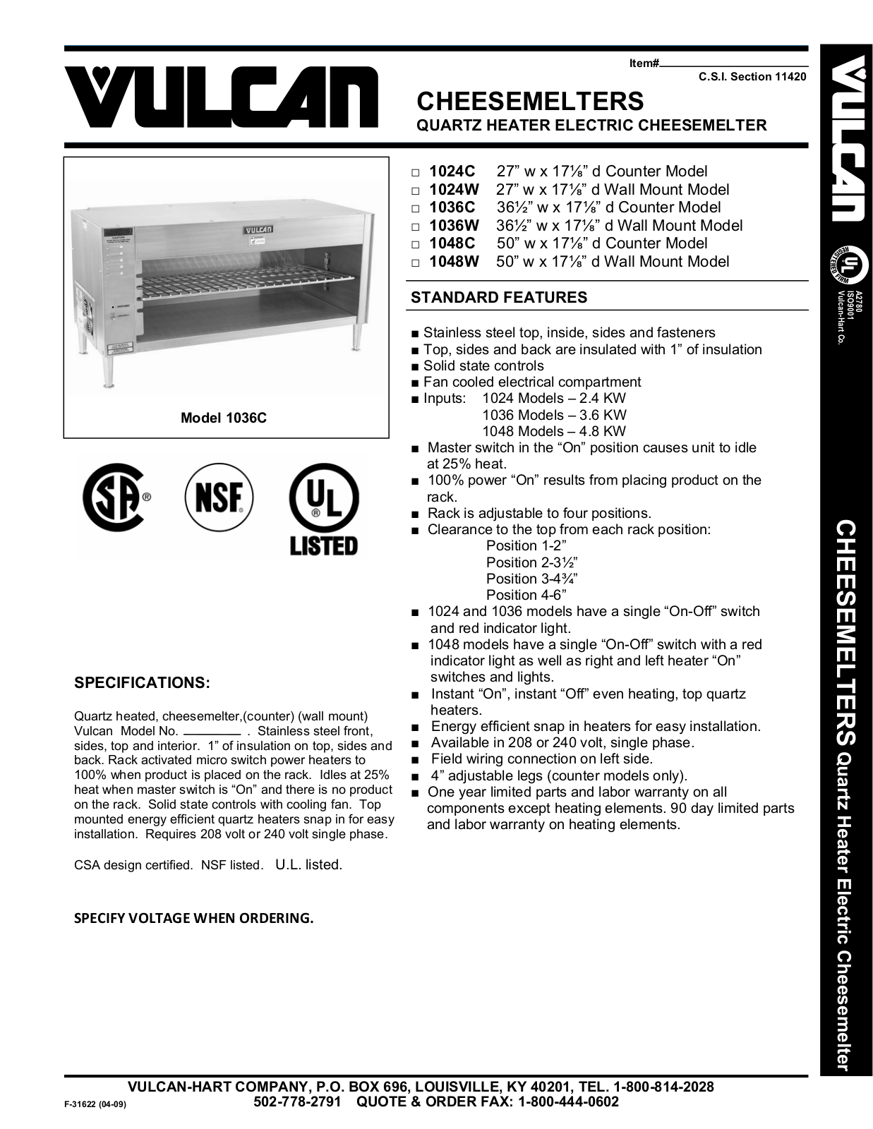 Vulcan Hart 1024W, 1036C, 1036W, 1048C, 1048W General Manual