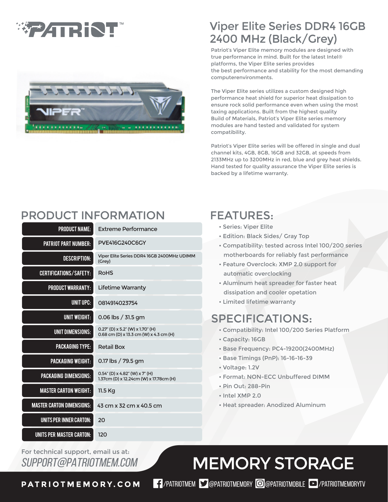 Patriot PVE416G240C6GY User Manual