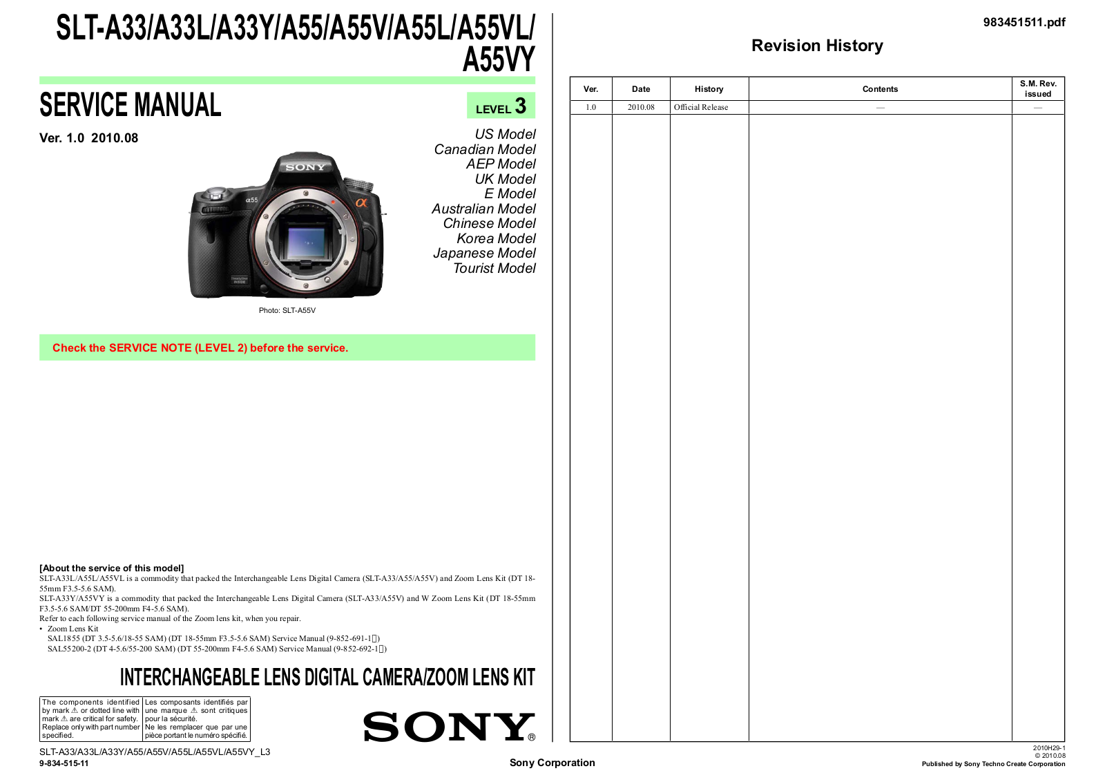 Sony SLT-A55VY, SLT-A55VL, SLT-A55L, SLT-A55V, SLT-A55 Service Manual