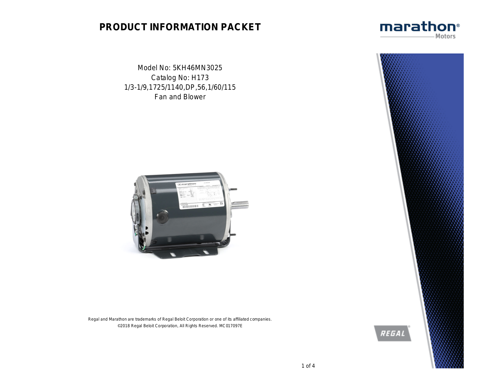 Marathon Electric 5KH46MN3025 Product Information Packet