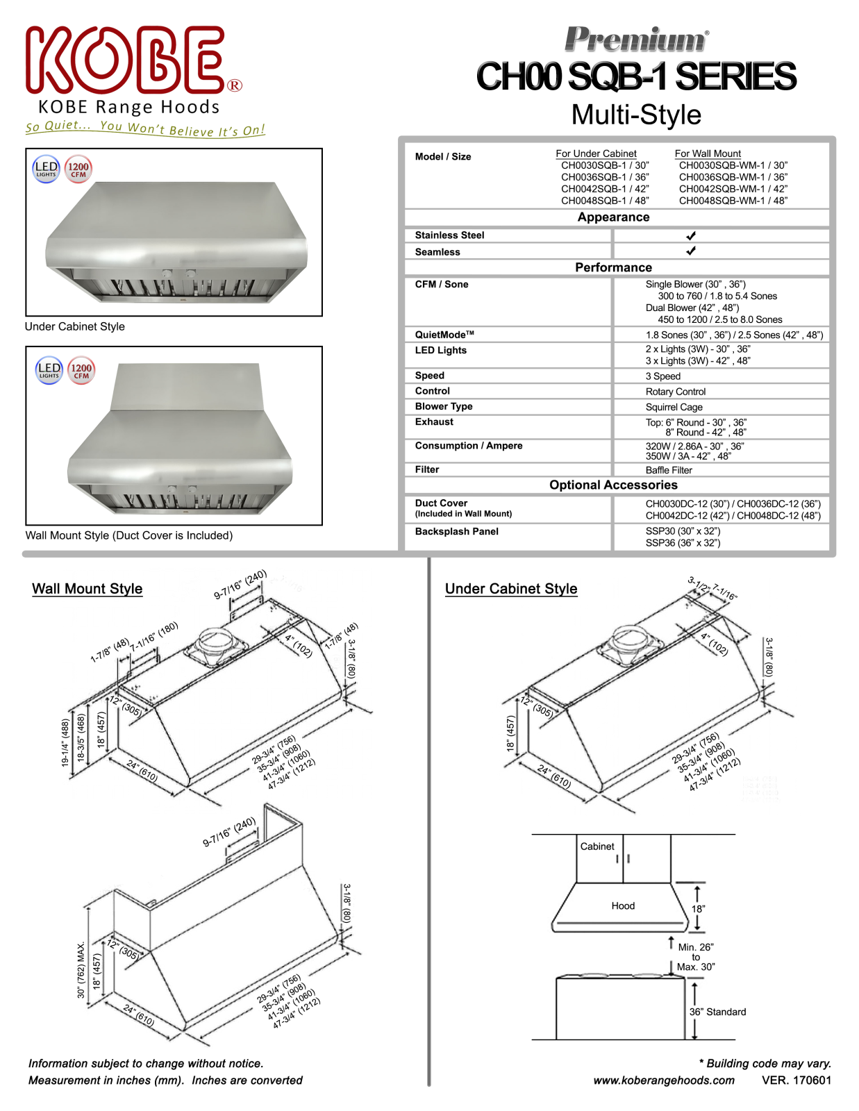 Kobe CH0042SQBWM1 Specifications