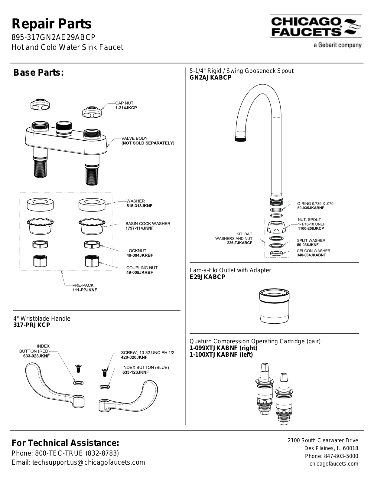 Chicago Faucet 895-317GN2AE29AB Parts List