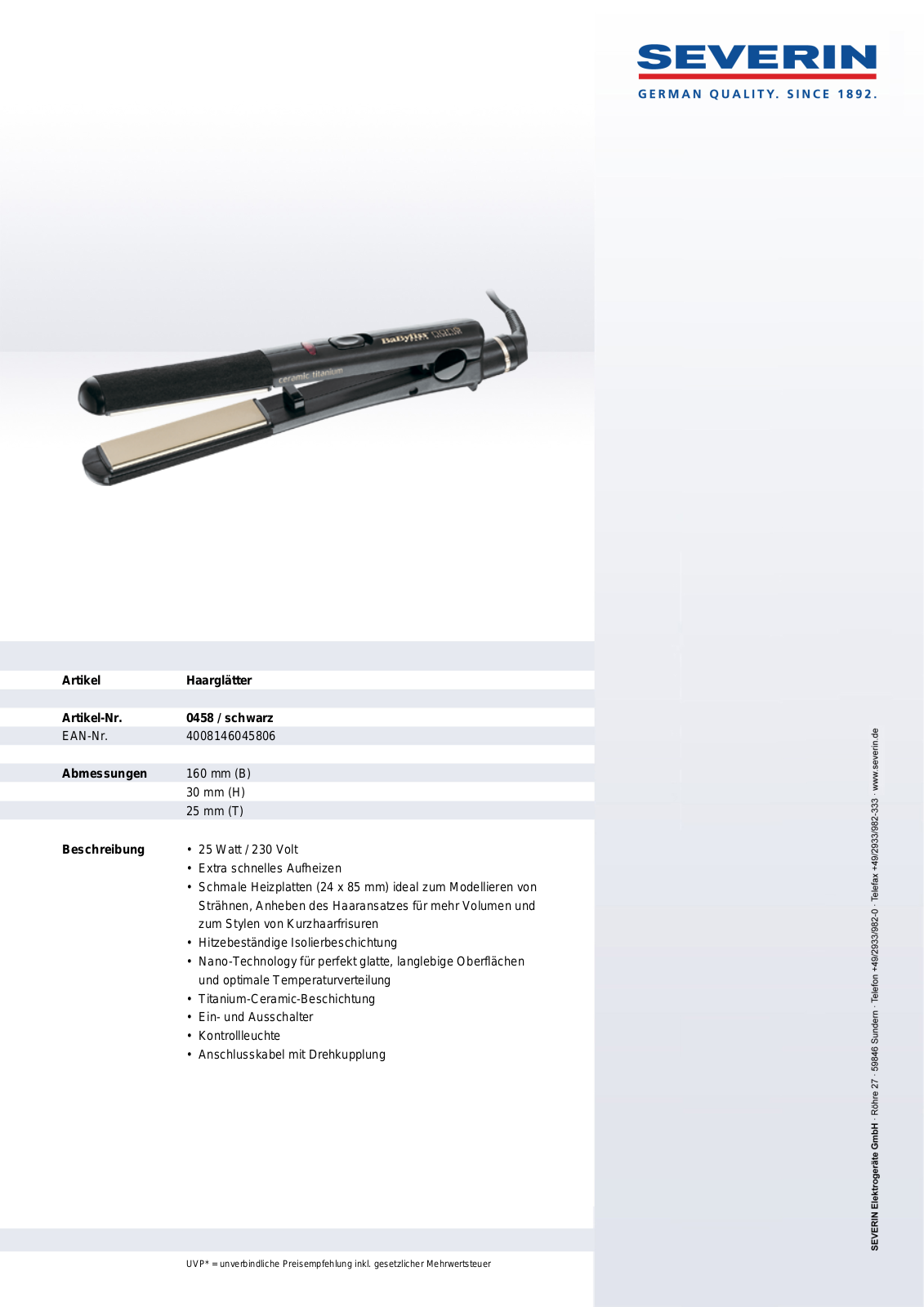 Severin 0458 DATASHEET