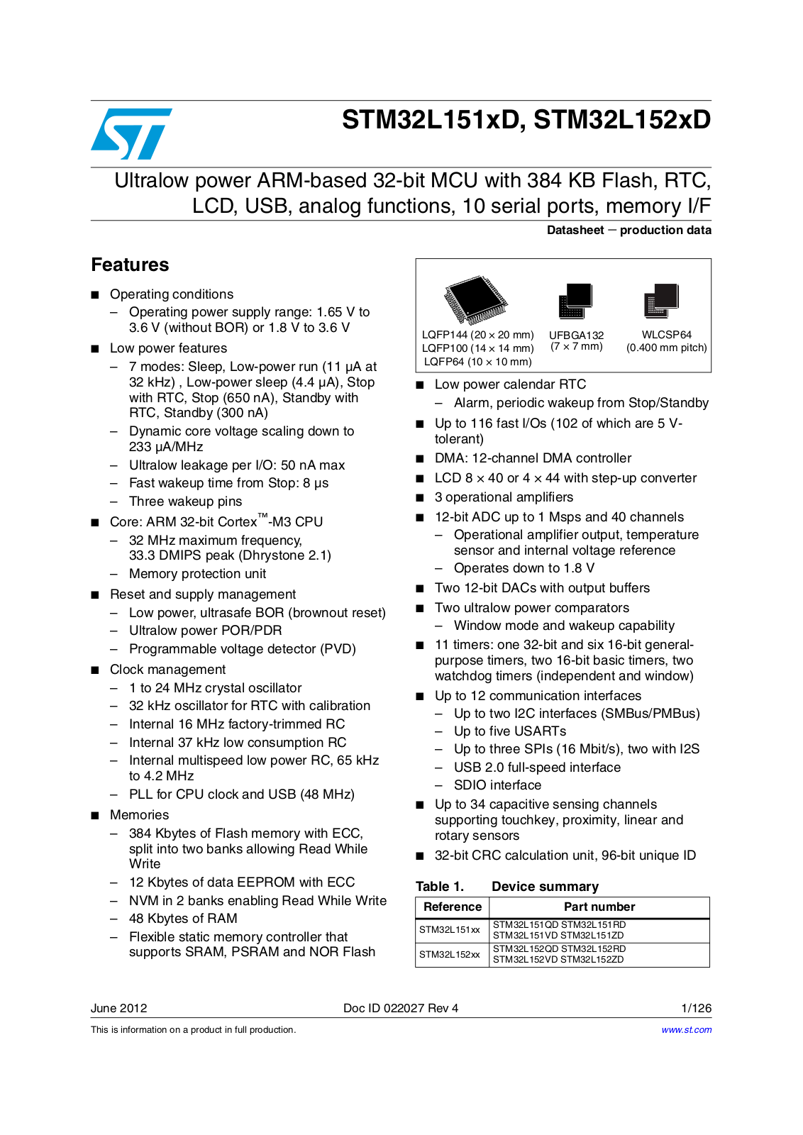 ST STM32L151QD, STM32L151RD, STM32L151VD, STM32L151ZD, STM32L152QD User Manual