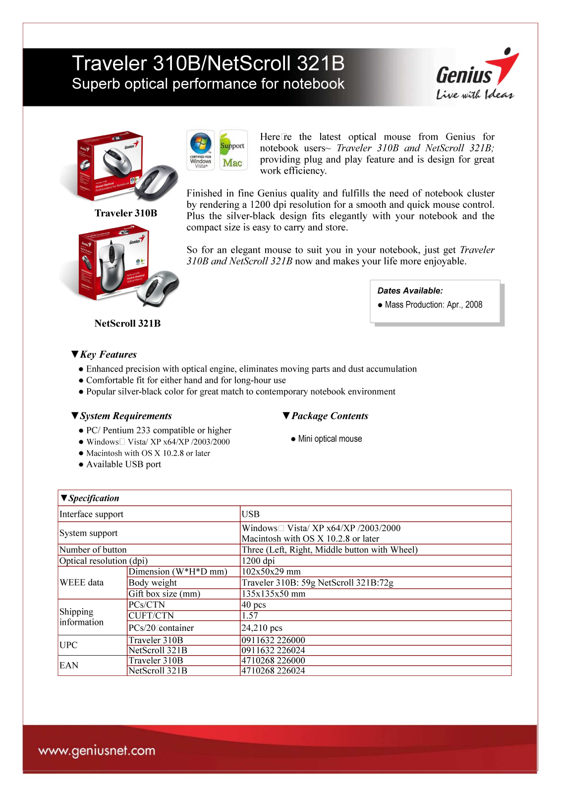 Genius NETSCROLL 321B, TRAVELER 310B DATASHEET