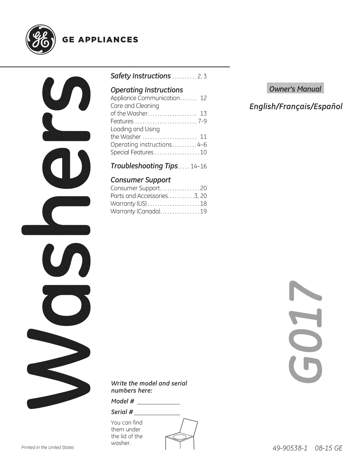 GE GTW860SSJ1WS, GTW860SSJ0WS, GTW860SPJ1MC, GTW860SPJ0MC Owner’s Manual