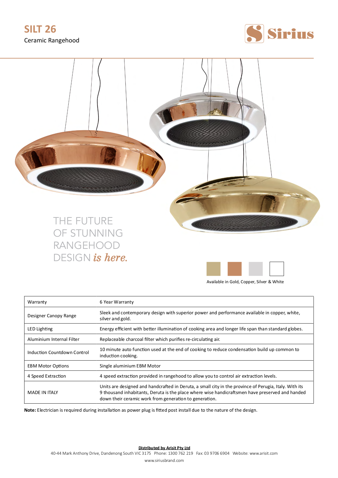 Sirius SILT26W, SILT26C, SILT26G Specifications Sheet