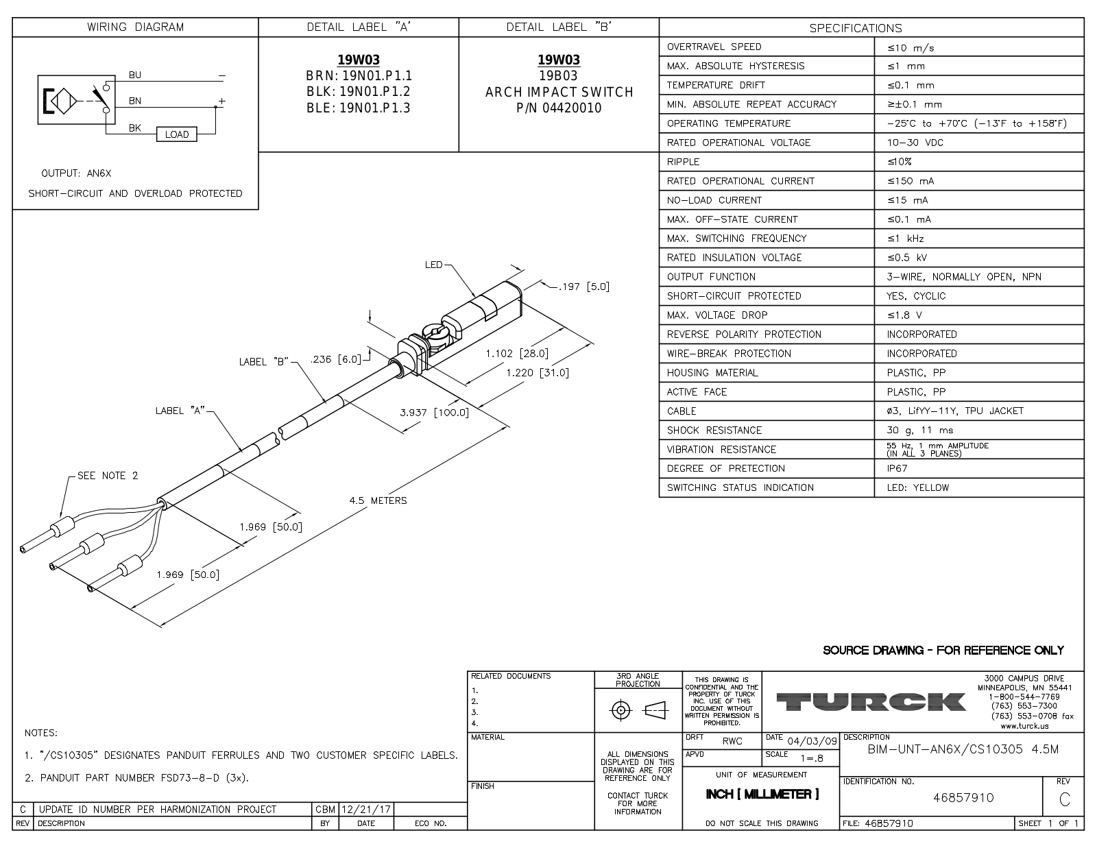 Turck BIM-UNT-AN6X/CS103054.5M Data Sheet