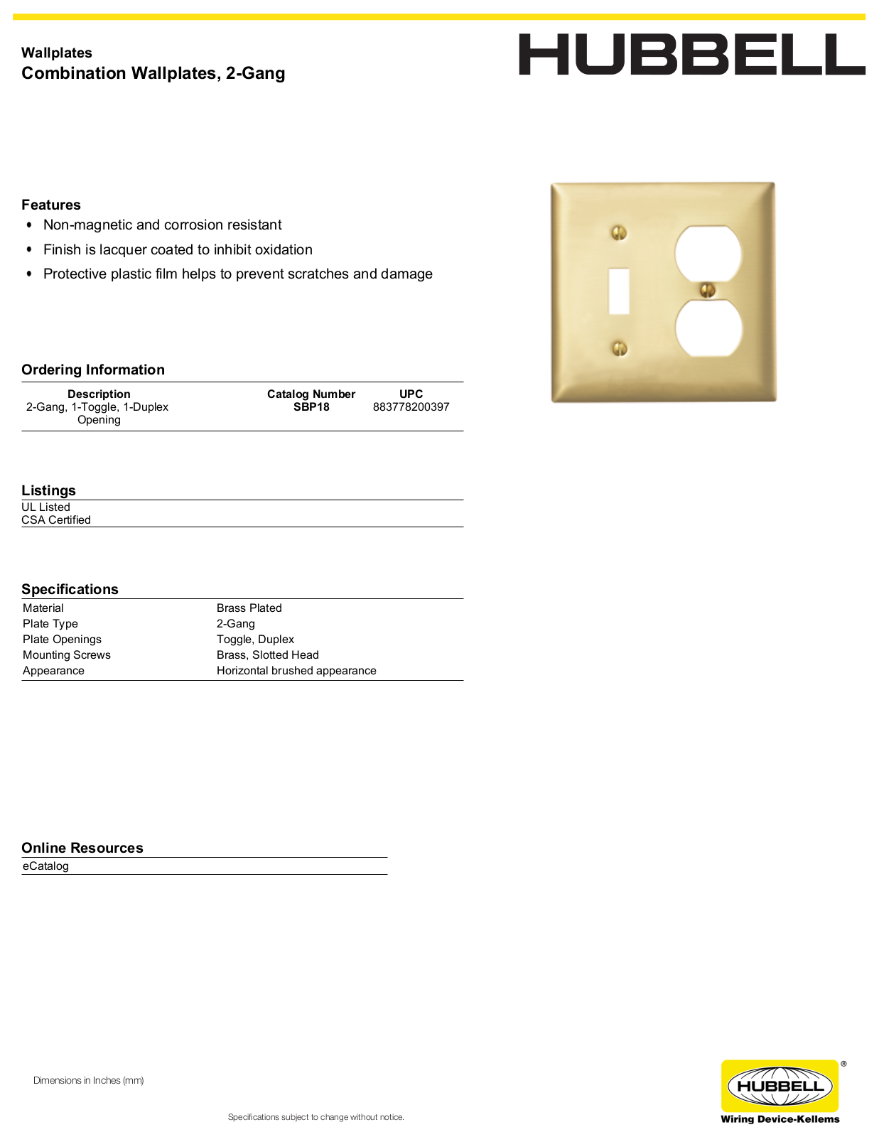 Hubbell SBP18 Specifications