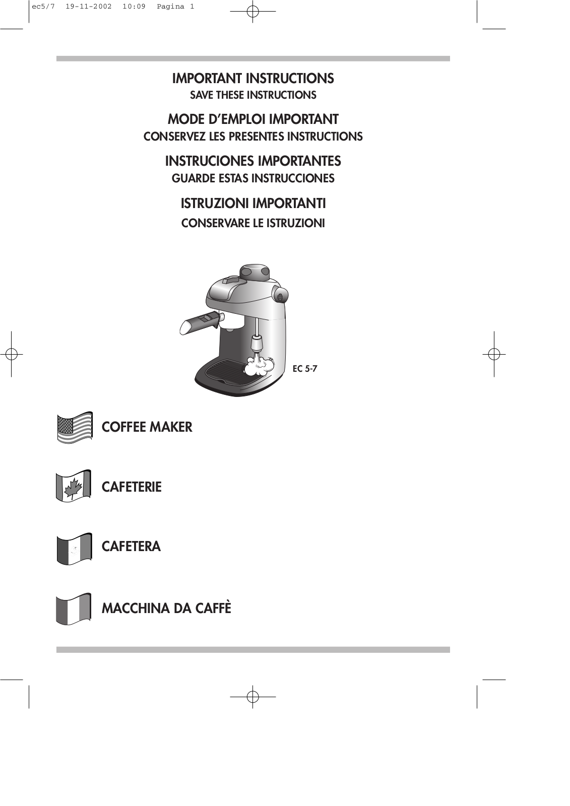 De'Longhi A2-190IDL, EC 5 Owner's Manual