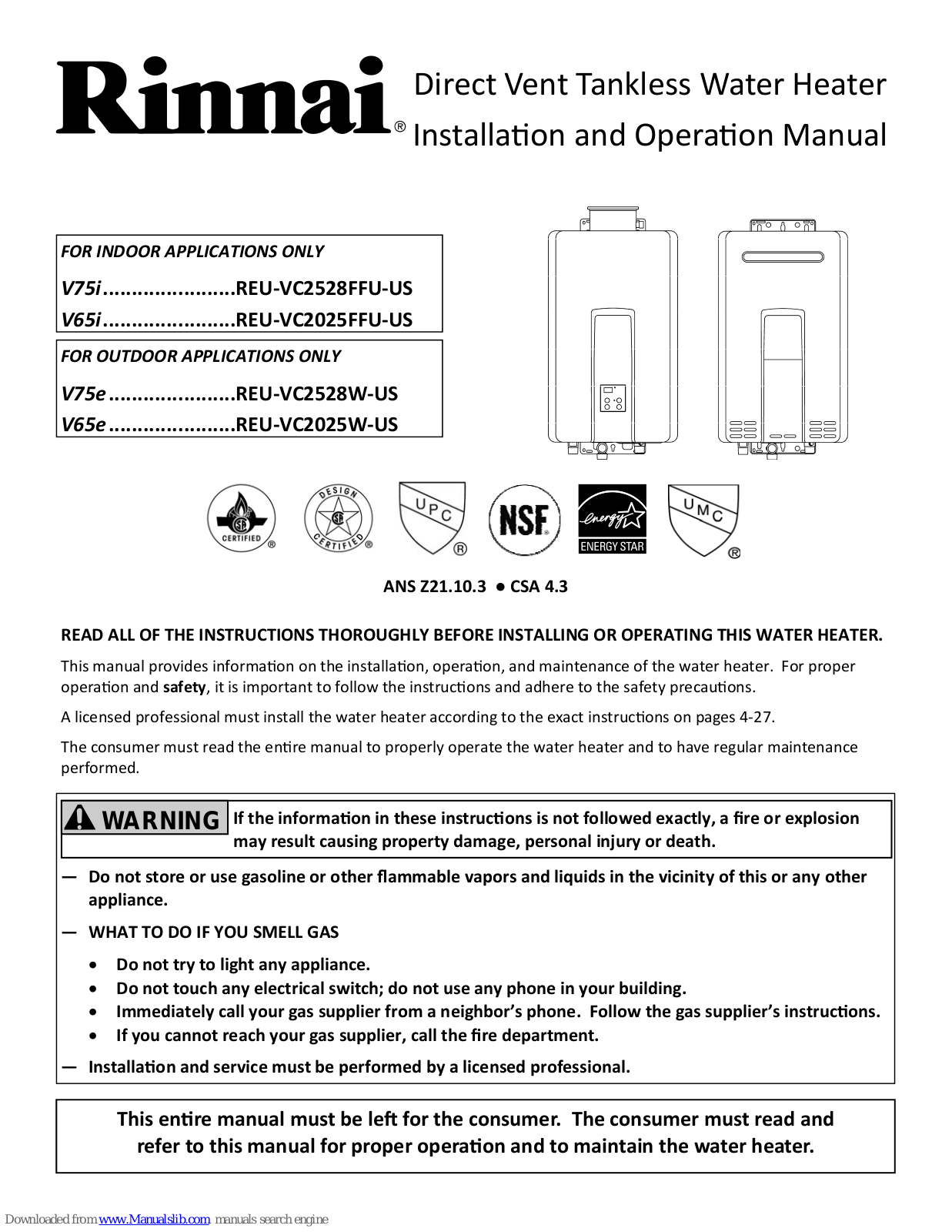 Rinnai V75i, V65i, V75e, V65e, RL75i Installation And Operation Manual