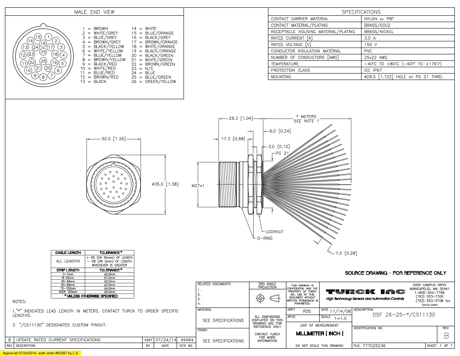 Turck DSF26-25-1/CS11130 Specification Sheet