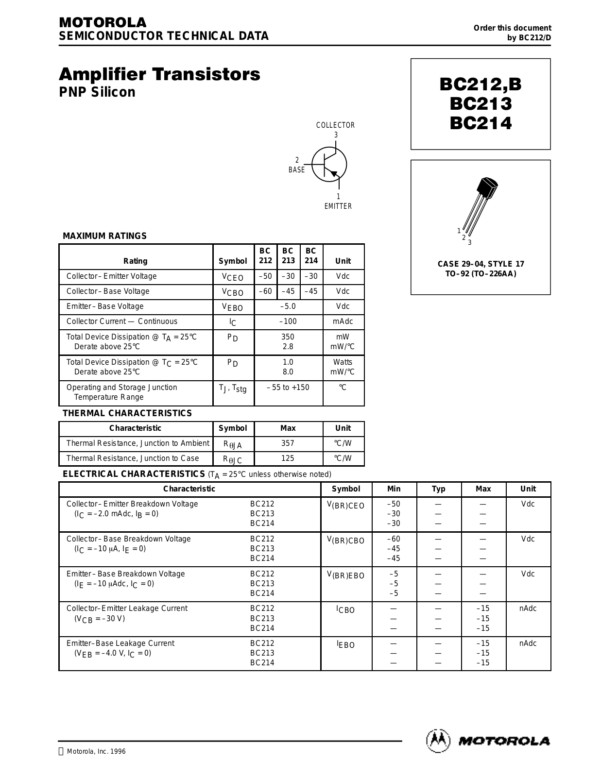 Motorola BC213, BC212B, BC212, BC214 Datasheet