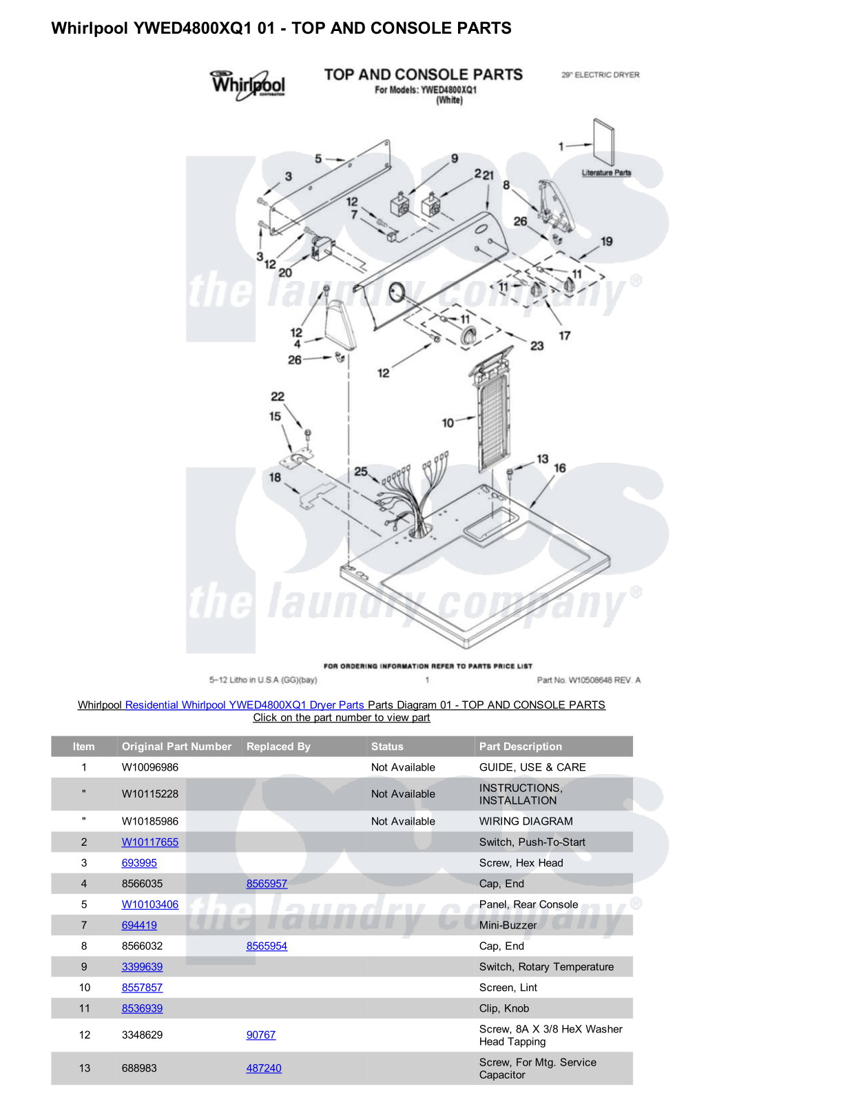 Whirlpool YWED4800XQ1 Parts Diagram