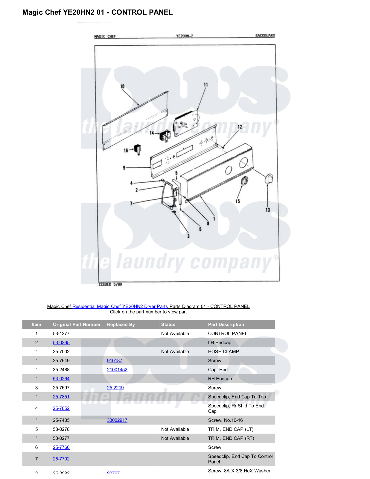 Magic Chef YE20HN2 Parts Diagram