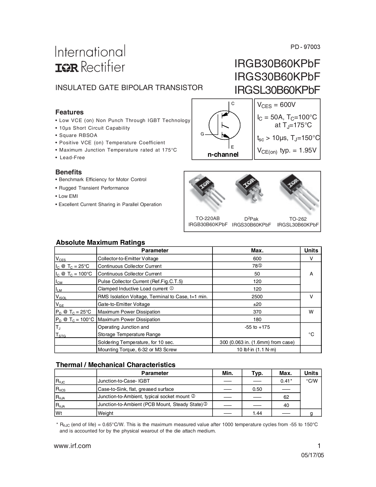 Datasheet IRGS30B60KPBF Specification - ManualMachine.com