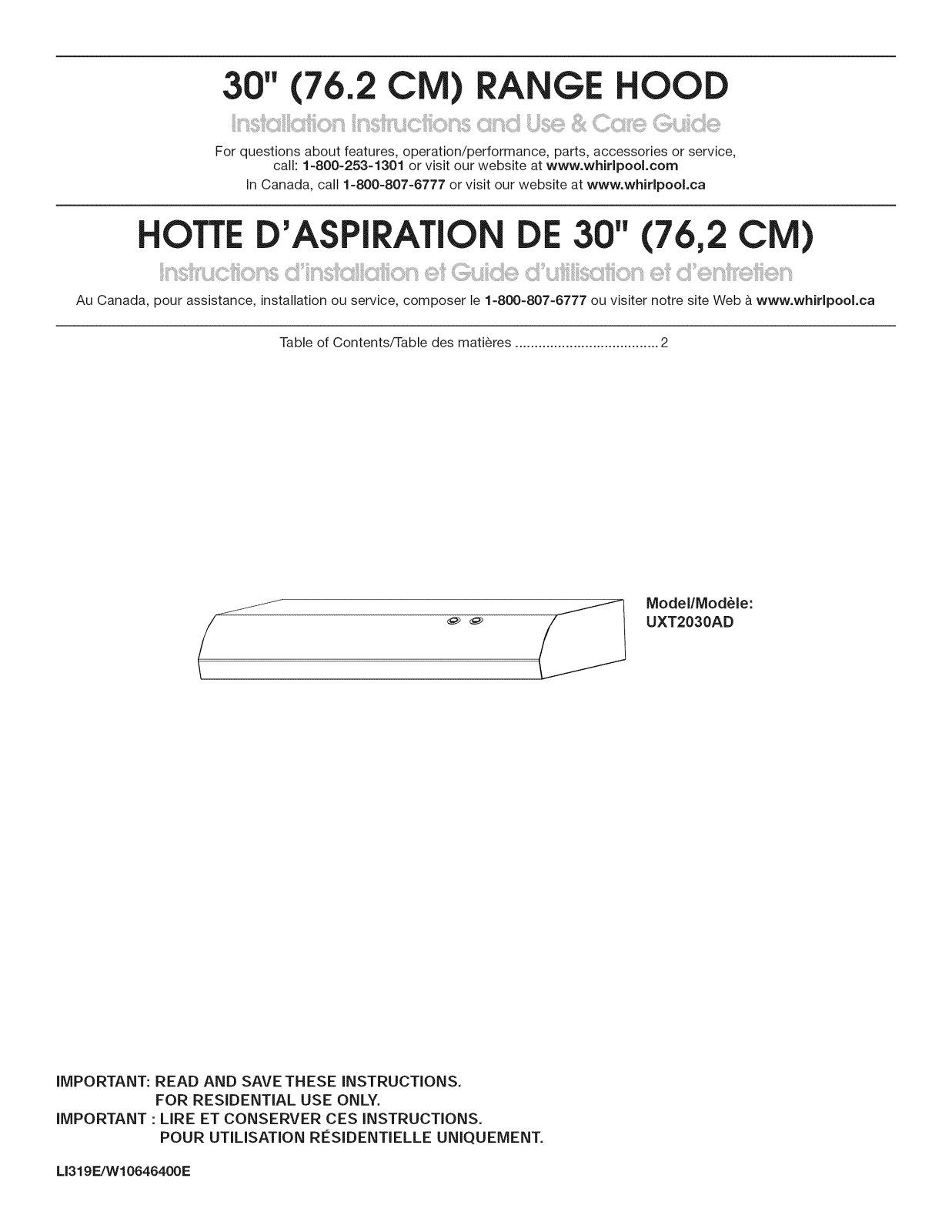 Whirlpool UXT2030ADW0, UXT2030ADB0 Owner’s Manual