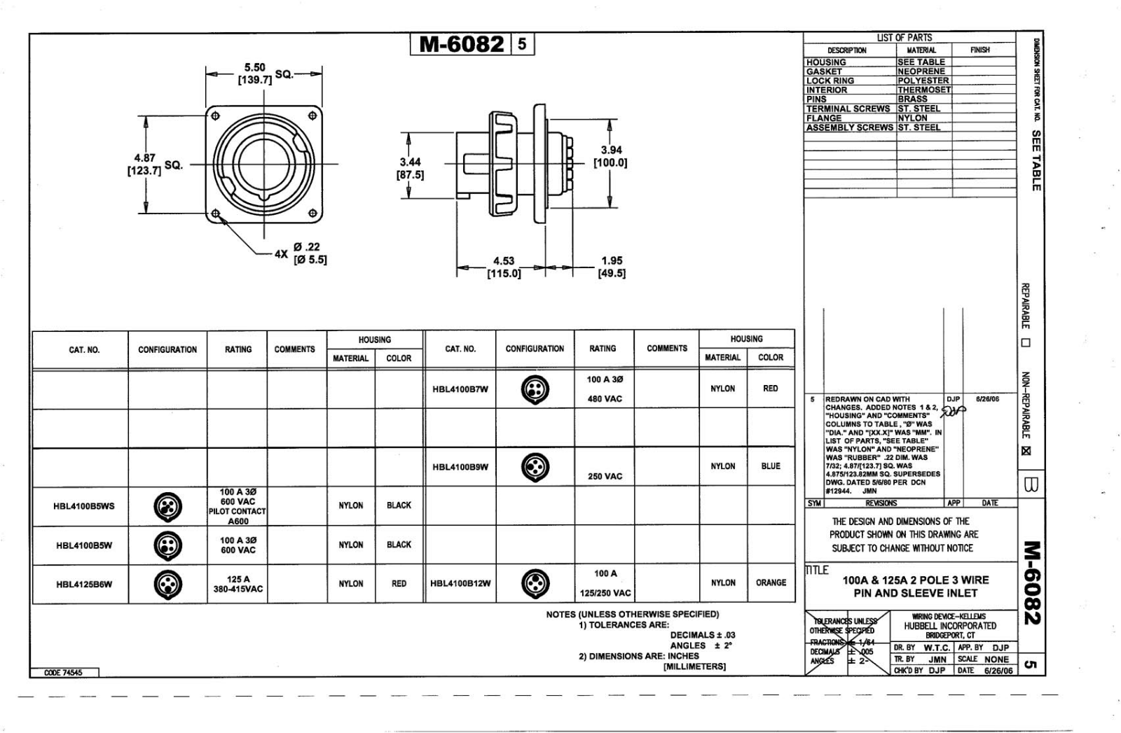 Hubbell HBL4100B12W Reference Drawing