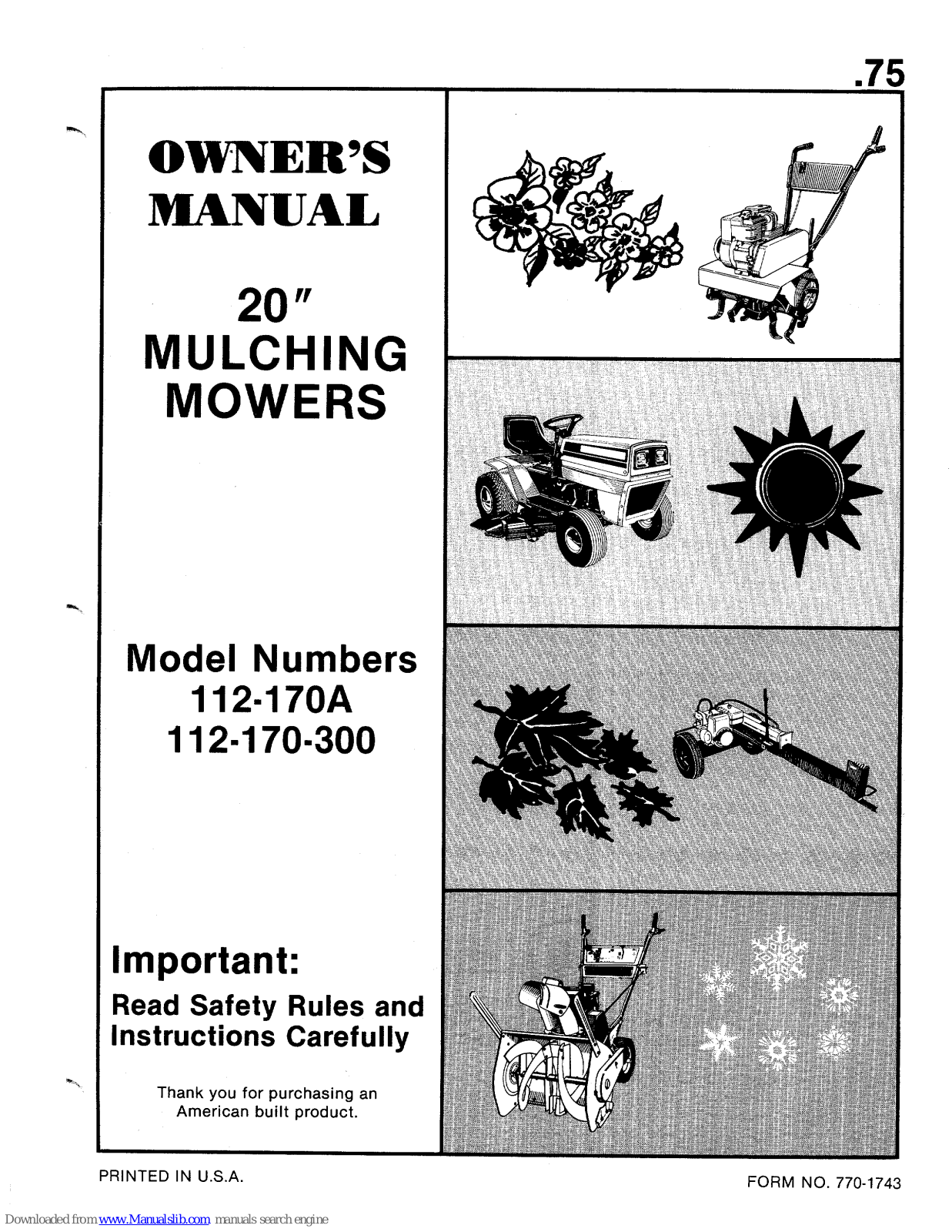 MTD 112-170-300, 170 Owner's Manual