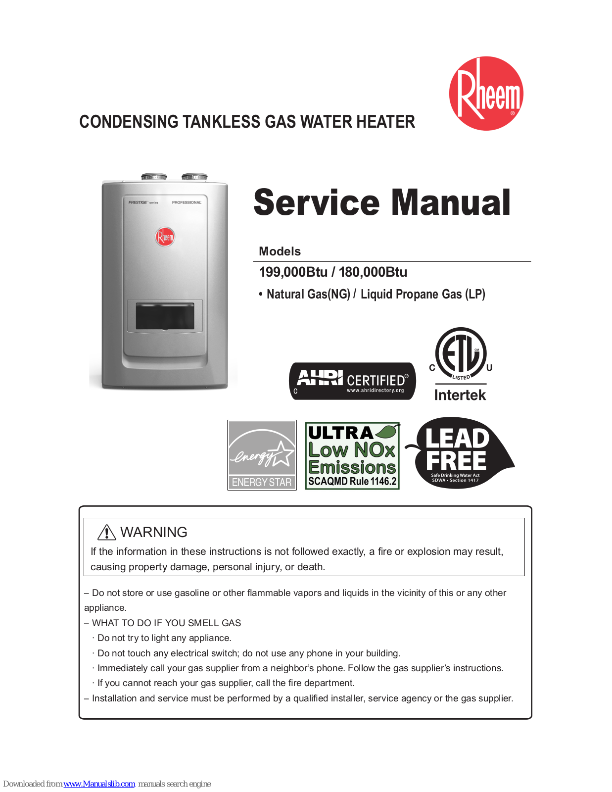 Rheem RTGH-RH10DV, RTGH-RH11DV Service Manual