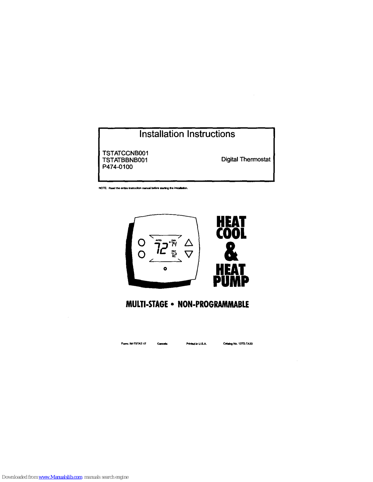Bryant TSTATCCNB001, TSTATBBNB001 Installation Instructions Manual - ManualMachine.com