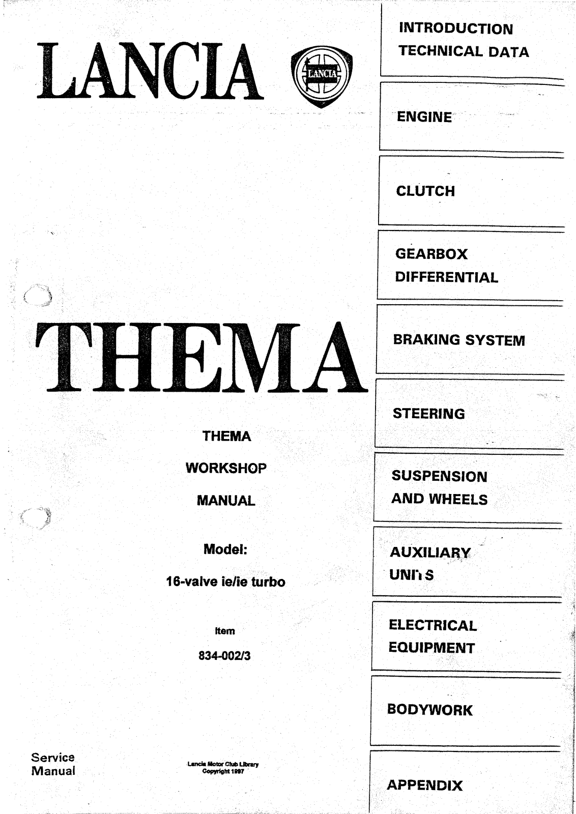 Lancia Thema 1987 User Manual