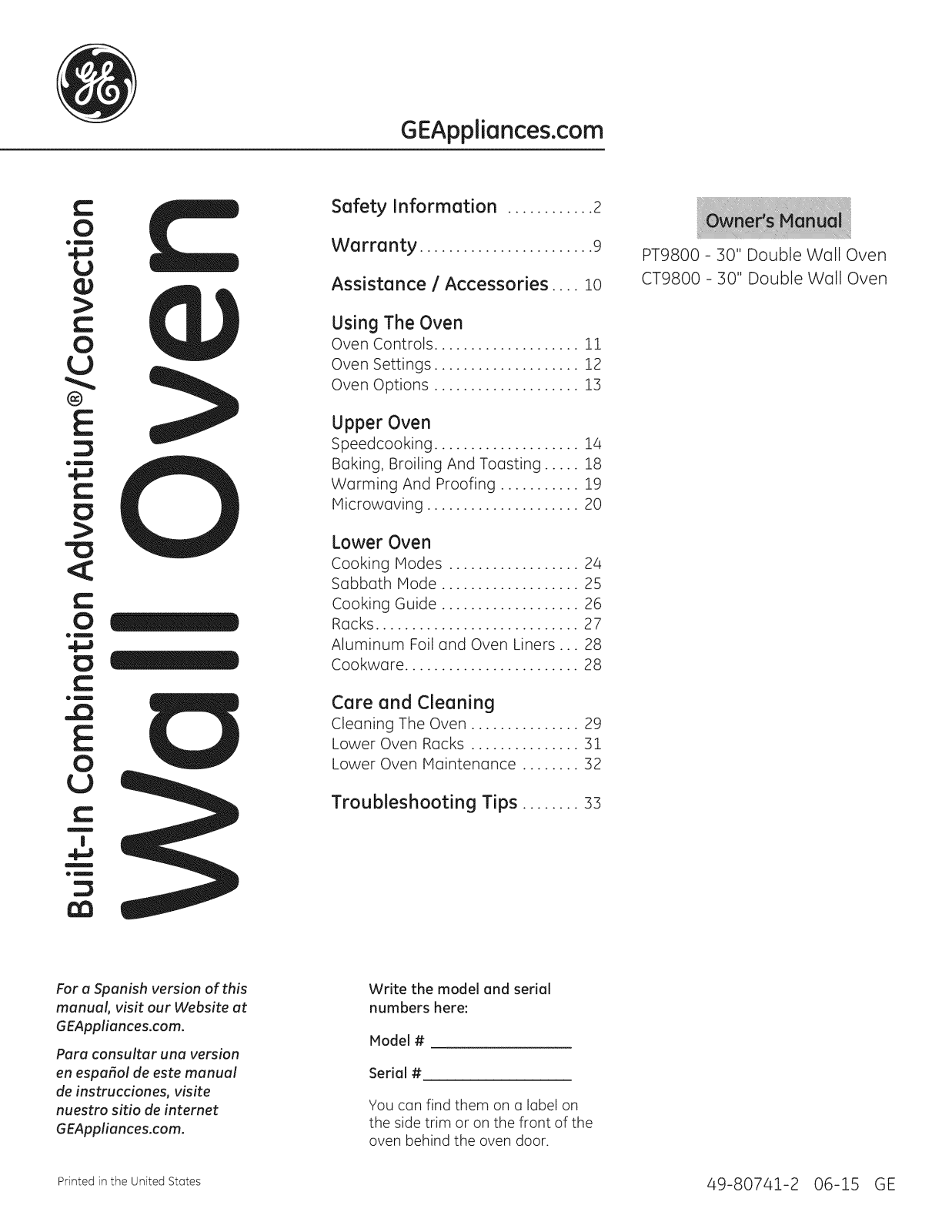 GE PT9800SH6SS, PT9800SH5SS, PT9800SH4SS, PT9800SH3SS, PT9800SH2SS Owner’s Manual