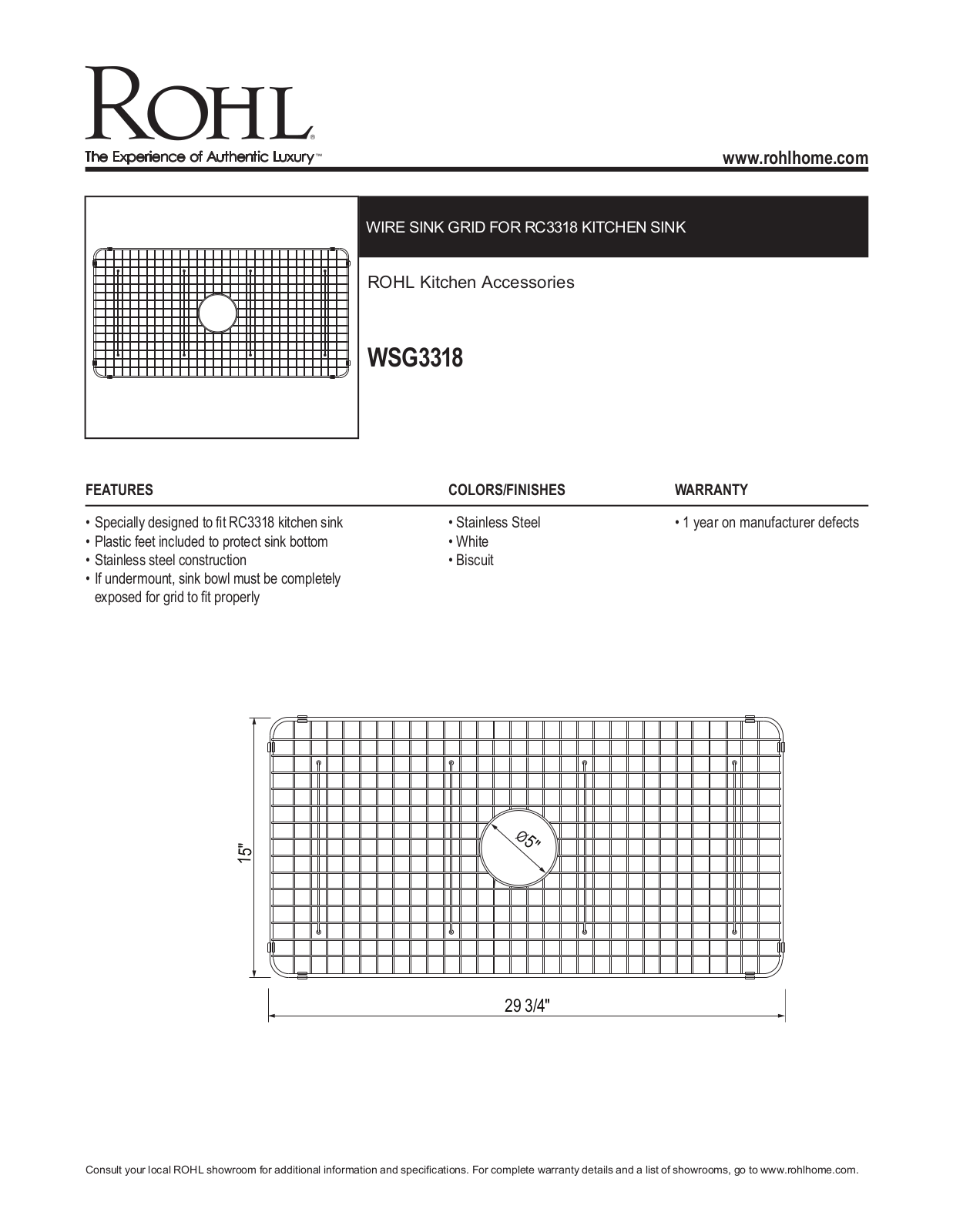 Rohl WSG3318WH Specs