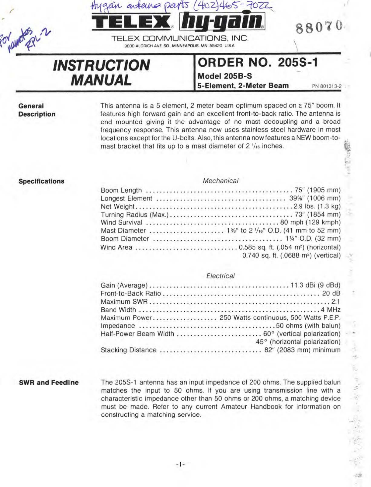 Hy-gain 205B-S User guide - ManualMachine.com