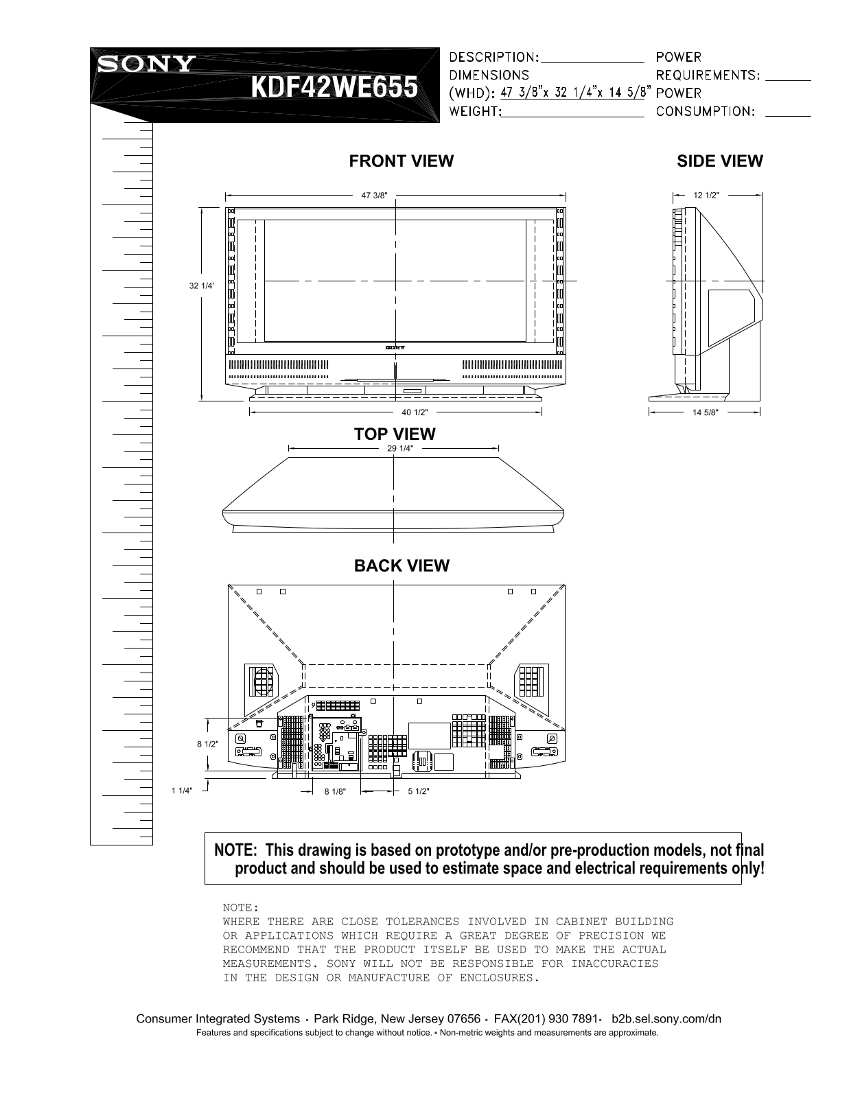 Sony KDF-42WE655 Dimensions Diagrams