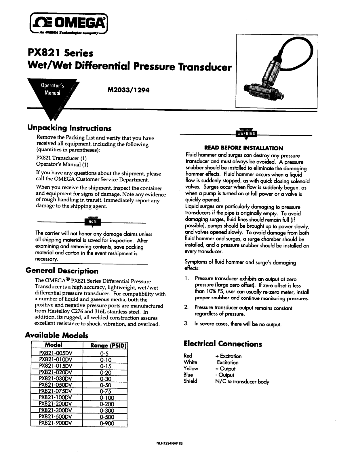 Omega Products PX821-005DV Installation  Manual